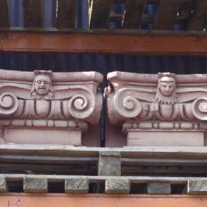 Two Pair Of Carved Sandstone Ionic Order Pilasters Capitals